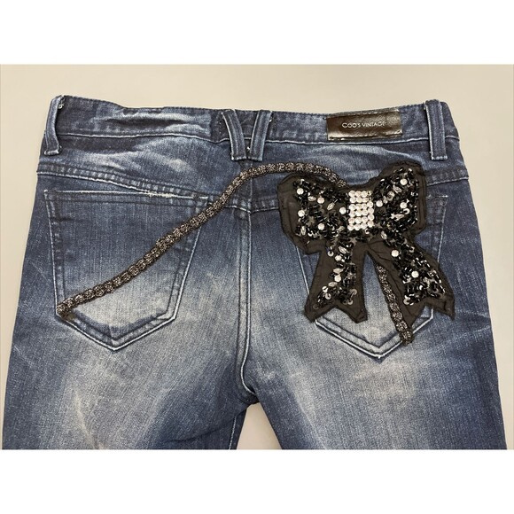 Club Coo’s Flared Jeans Denim Sz 29 30x31 Dark Wash Large Bow Embroidery Y2K - Picture 1 of 12